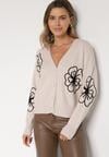 Beżowy Kardigan na Guziki w Haftowane Kwiaty Tustara