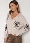 Beżowy Kardigan na Guziki w Haftowane Kwiaty Tustara