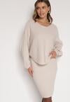 Ciemnobeżowy Dzianinowy Komplet Prążkowany Sukienka i Sweter o Kroju Nietoperz Wederela