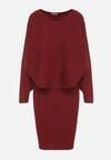 Czerwony Dzianinowy Komplet Prążkowany Sukienka i Sweter o Kroju Nietoperz Wederela