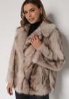 Beżowa Kurtka Futerko z Jednorzędowym Zapięciem i Szerokim Kołnierzem Tesella