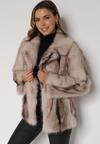 Beżowa Kurtka Futerko z Jednorzędowym Zapięciem i Szerokim Kołnierzem Tesella
