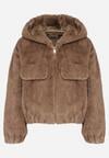Jasnobrązowa Futrzana Kurtka Bomberka z Kapturem i Ozdobną Imitacją Kieszeni Awedalia