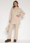 Beżowy Prążkowany Komplet Dzianinowy z Bawełną Sweter z Półgolfem i Spodnie Elweda