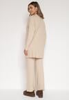 Beżowy Prążkowany Komplet Dzianinowy z Bawełną Sweter z Półgolfem i Spodnie Elweda