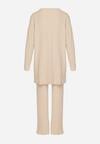 Beżowy Prążkowany Komplet Dzianinowy z Bawełną Sweter z Półgolfem i Spodnie Elweda