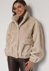 Beżowa Kurtka Futerko o Kroju Bomberki z Kieszeniami Tiwedara