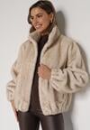 Beżowa Kurtka Futerko o Kroju Bomberki z Kieszeniami Tiwedara