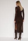 Brązowa Dopasowana Sukienka z Dodatkiem Wiskozy i Welurowymi Kwiatami Vetielle