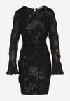 Czarna Cekinowa Sukienka z Kwiatami 3D Naweda