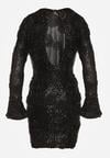 Czarna Cekinowa Sukienka z Kwiatami 3D Naweda