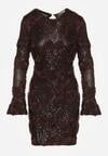 Brązowa Cekinowa Sukienka z Kwiatami 3D Naweda