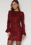 Bordowa Cekinowa Sukienka z Kwiatami 3D Naweda