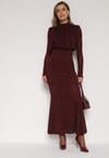 Bordowa Taliowana Sukienka z Bufiastą Górą Gumką w Pasie i Cyrkoniami Inweda