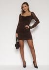 Brązowa Koronkowa Sukienka o Dopasowanym Kroju z Kwadratowym Dekoltem Tiwedesa