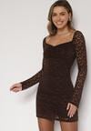 Brązowa Koronkowa Sukienka o Dopasowanym Kroju z Kwadratowym Dekoltem Tiwedesa
