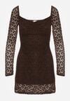 Brązowa Koronkowa Sukienka o Dopasowanym Kroju z Kwadratowym Dekoltem Tiwedesa