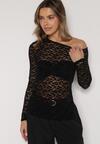 Czarna Koronkowa Bluzka z Długim Rękawem i Asymetrycznym Dekoltem Liwedara
