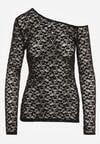 Czarna Koronkowa Bluzka z Długim Rękawem i Asymetrycznym Dekoltem Liwedara