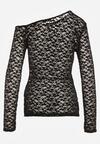 Czarna Koronkowa Bluzka z Długim Rękawem i Asymetrycznym Dekoltem Liwedara