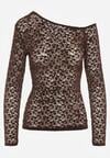 Brązowa Koronkowa Bluzka z Długim Rękawem i Asymetrycznym Dekoltem Liwedara