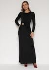 Czarna Taliowana Sukienka o Eleganckim Kroju z Marszczeniem i Aplikacją Sewedina
