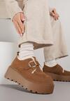 Jasnobrązowe Śniegowce na Grubej Podeszwie z Paskiem z Klamerką i Futerkiem Uwedina