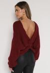 Bordowy Sweter Oversize z Domieszką Wełny z Oryginalnym Dekoltem Lawedia