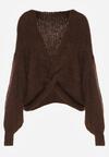 Brązowy Sweter Oversize z Domieszką Wełny z Oryginalnym Dekoltem Lawedia