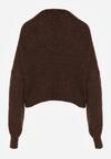 Brązowy Sweter Oversize z Domieszką Wełny z Oryginalnym Dekoltem Lawedia