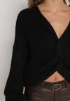 Czarny Sweter Oversize z Domieszką Wełny z Oryginalnym Dekoltem Lawedia