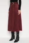 Bordowa Rozkloszowana Wiskozowa Spódnica z Bawełną Ozdobiona Paskiem Nawedea