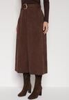 Brązowa Rozkloszowana Wiskozowa Spódnica z Bawełną Ozdobiona Paskiem Nawedea