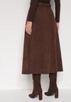 Brązowa Rozkloszowana Wiskozowa Spódnica z Bawełną Ozdobiona Paskiem Nawedea
