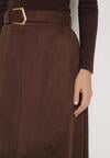 Brązowa Rozkloszowana Wiskozowa Spódnica z Bawełną Ozdobiona Paskiem Nawedea