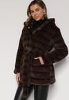Brązowa Futrzana Kurtka z Nieodpinanym Kapturem i Paskiem Zetova