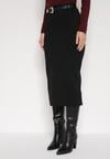 Czarna Ołówkowa Spódnica z Wiskozą Zdobiona Rozcięciem i Paskiem Rowedela