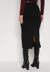 Czarna Ołówkowa Spódnica z Wiskozą Zdobiona Rozcięciem i Paskiem Rowedela