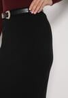 Czarna Ołówkowa Spódnica z Wiskozą Zdobiona Rozcięciem i Paskiem Rowedela
