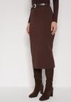 Brązowa Ołówkowa Spódnica z Wiskozą Zdobiona Rozcięciem i Paskiem Rowedela
