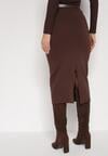 Brązowa Ołówkowa Spódnica z Wiskozą Zdobiona Rozcięciem i Paskiem Rowedela