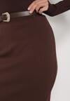 Brązowa Ołówkowa Spódnica z Wiskozą Zdobiona Rozcięciem i Paskiem Rowedela
