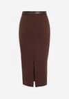 Brązowa Ołówkowa Spódnica z Wiskozą Zdobiona Rozcięciem i Paskiem Rowedela