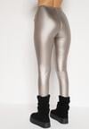 Szampańskie Legginsy z Ekoskóry z Guzikami Wysokim Stanem i Gumką w Talii Sintheria