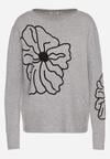 Szary Sweter Ozdobiony Haftowanymi Kwiatami Halatusea