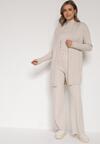 Beżowy Dzianinowy Komplet z Wiskozą Spodnie Bluzka z Półgolfem i Kardigan Vetisena