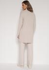 Beżowy Dzianinowy Komplet z Wiskozą Spodnie Bluzka z Półgolfem i Kardigan Vetisena