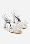 Srebrne Sandały na Szpilce z Transparentnym Paskiem i Kokardką z Cyrkoniami Celesti