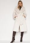 Biały Futerkowy Płaszcz z Szerokim Kołnierzem i Mankietami z Wiązanym Paskiem Viaruna