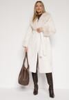 Biały Futerkowy Płaszcz z Szerokim Kołnierzem i Mankietami z Wiązanym Paskiem Viaruna